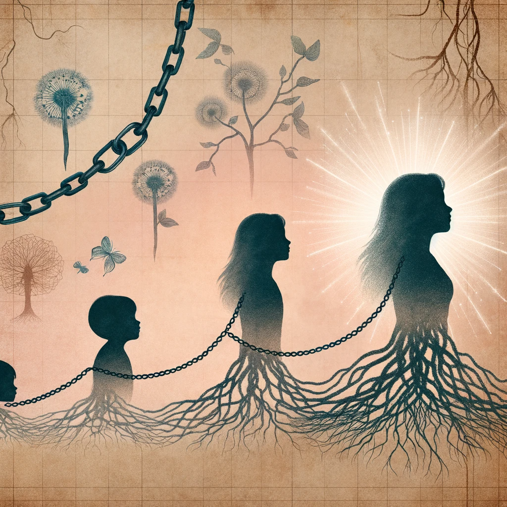 Visualize a shadowed figure of a female child transitioning into an adult, intertwined with elements like chains, threads, or roots, hinting at past challenges and memories. Ensure the image conveys a sense of introspection, growth, and hope, reflecting the influence of early experiences on adult relationships