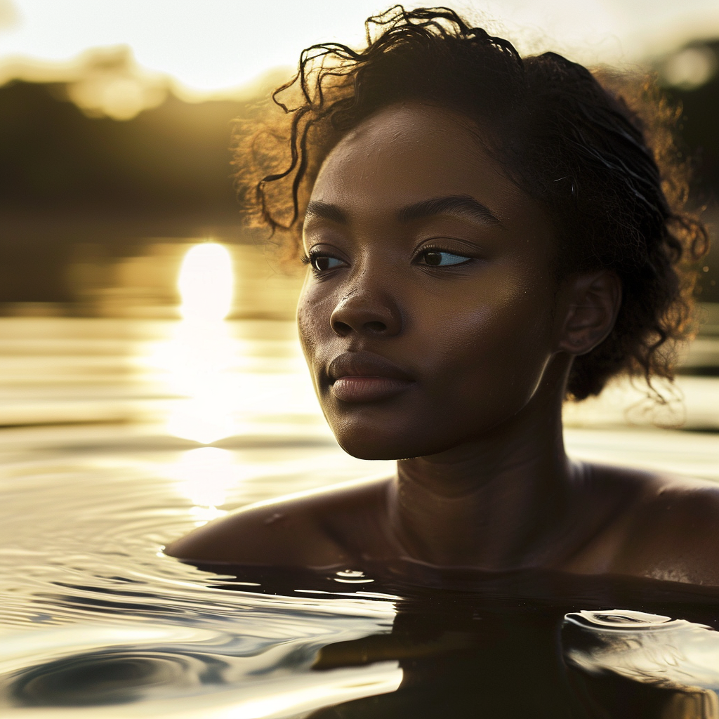Serene woman floating in water at sunset, reflecting on loving someone who causes pain.