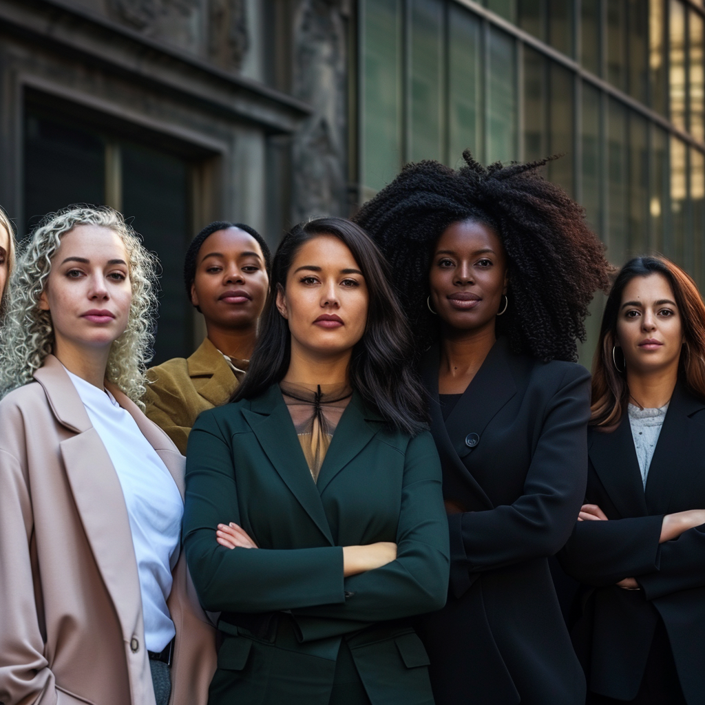 A group of women standing confidently in front of a building